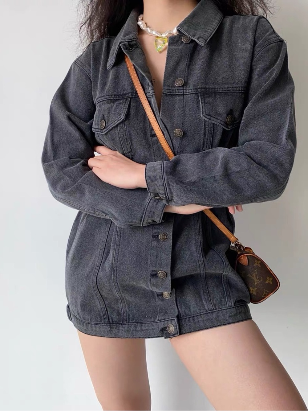 Charcoal Black Denim Jacket Dress Button-Up